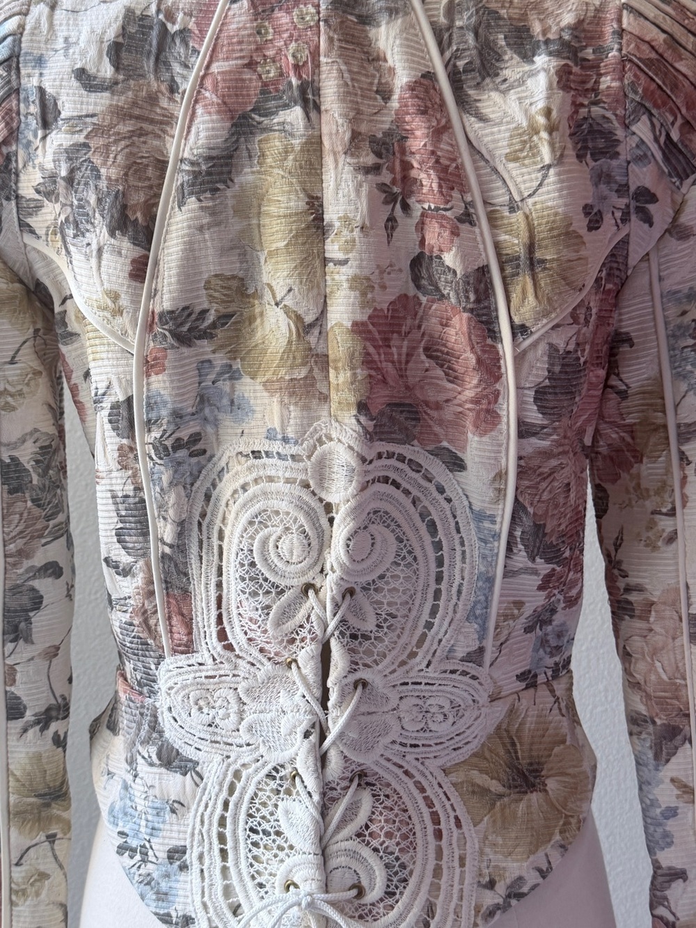 Vintage Tapestry Floral Lace Panel Zip Front Jacket — Cream, Blush & Sage - Picture 10 of 12